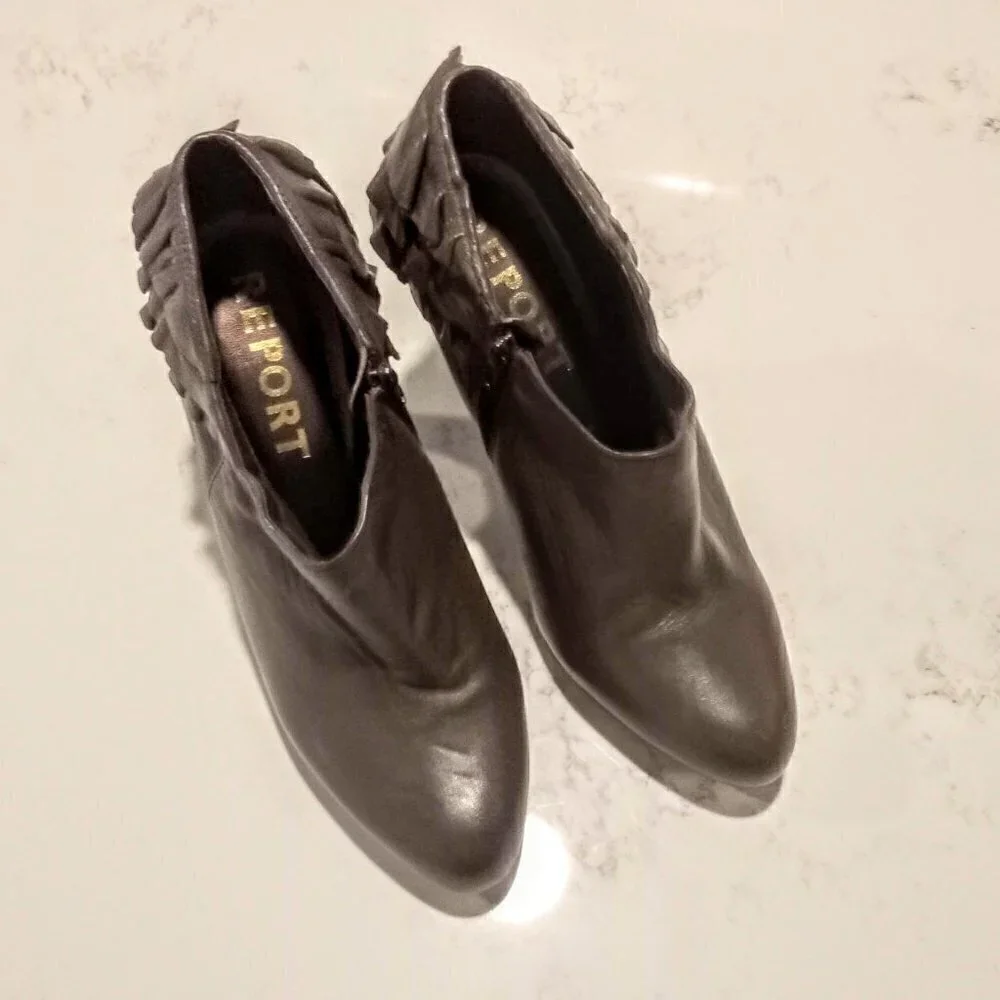 Report Taupe Leather Ruffled Side Zip Ankle Boots - Picture 3 of 5